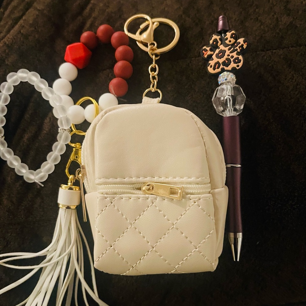 Cream Quilted Mini Backpack Keychain
